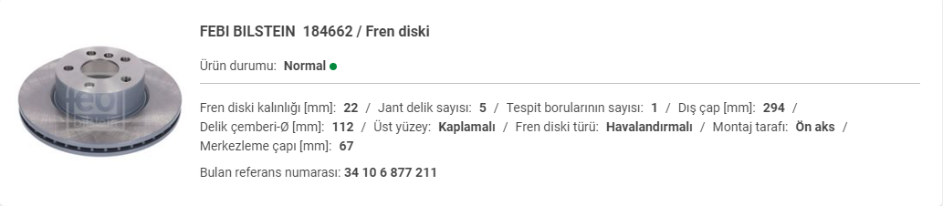 BMW G20 3.18D ÖN DİSK ADET 34106877211 BMW G20 3.18D Ön Disk Adet